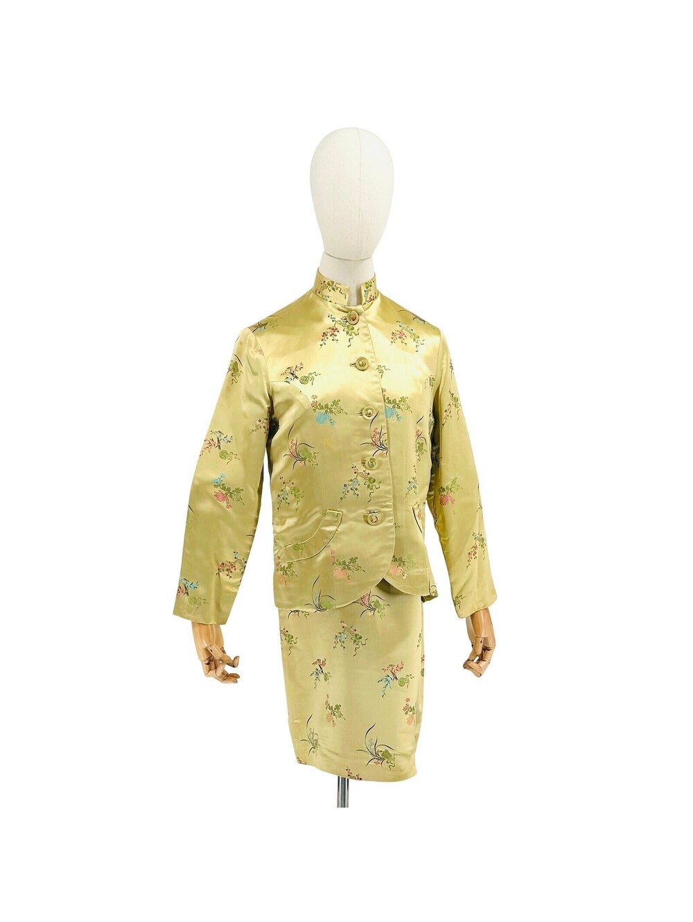 Vintage 60s Gold 100% Silk Cheongsam Dress Suit